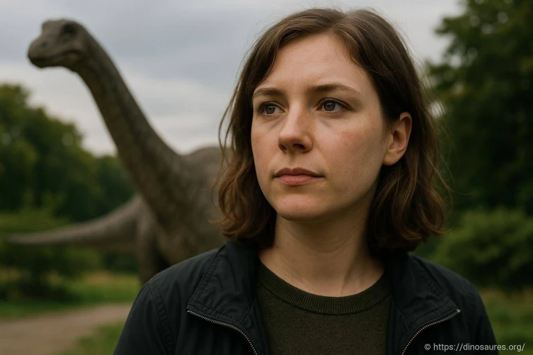 Femme pensive avec dinosaure en arrière-plan