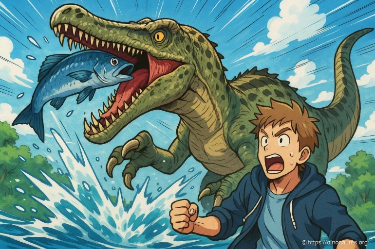 Dinosaure attrapant un poisson devant garçon