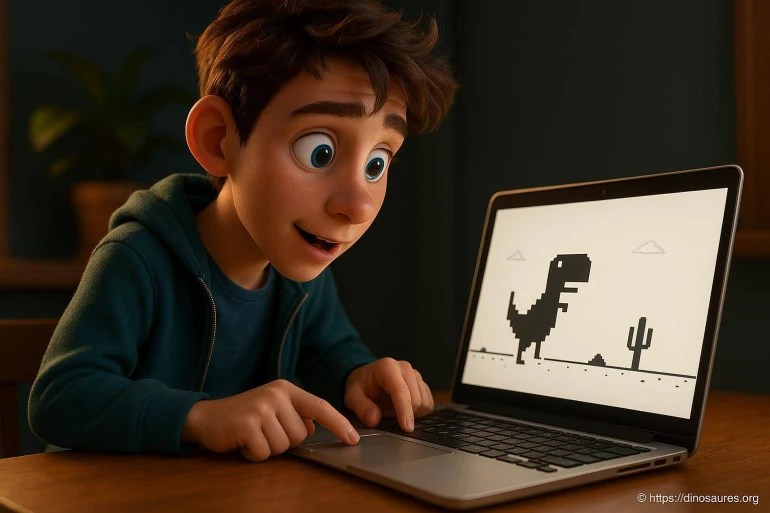 Garçon jouant au jeu dinosaure sur ordinateur