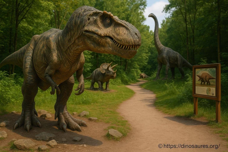 Reconstitution réaliste de dinosaures dans une forêt