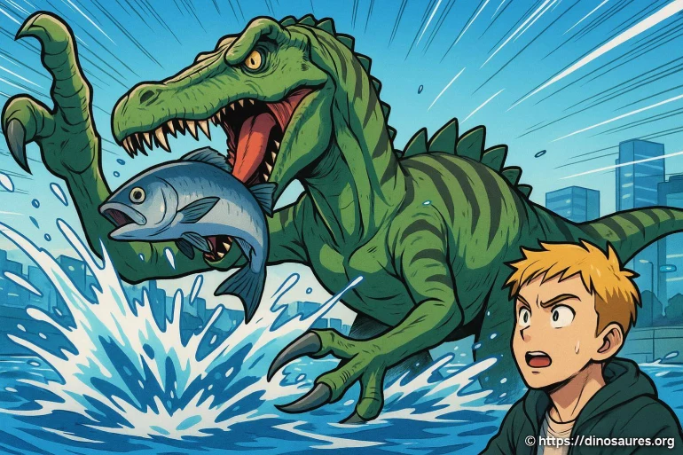 Dinosaurie attrapant un poisson dans l'eau