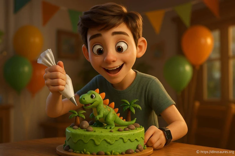 Garçon décorant gâteau dinosaure vert