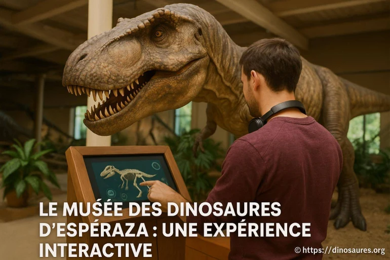 Visiteur interagissant avec écran tactile dinosaure