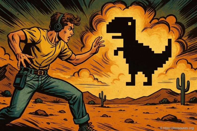 Jeune homme face à dinosaure pixelisé