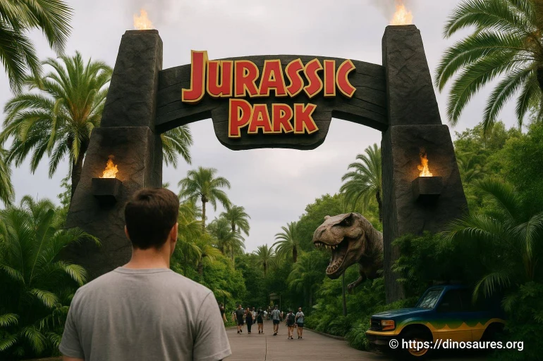 Entrée du parc Jurassic Park avec dinosaure