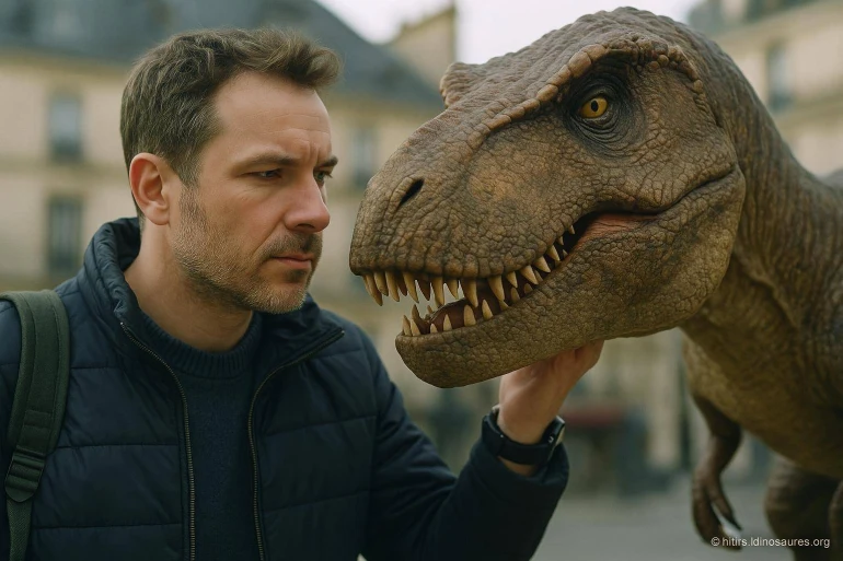 Homme regardant un dinosaure réaliste