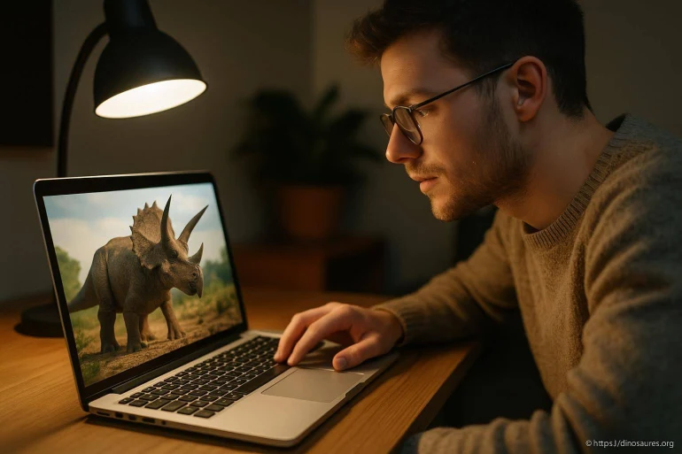 Homme regardant un dinosaure sur ordinateur