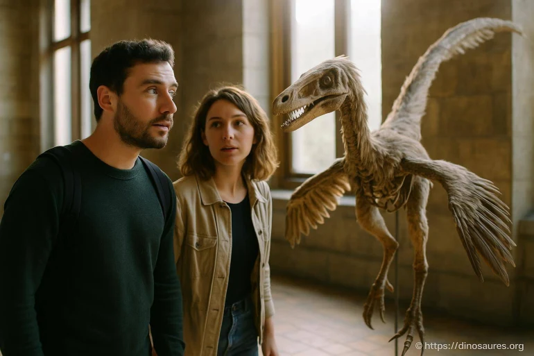 Visiteurs observant un dinosaure fossile exposé