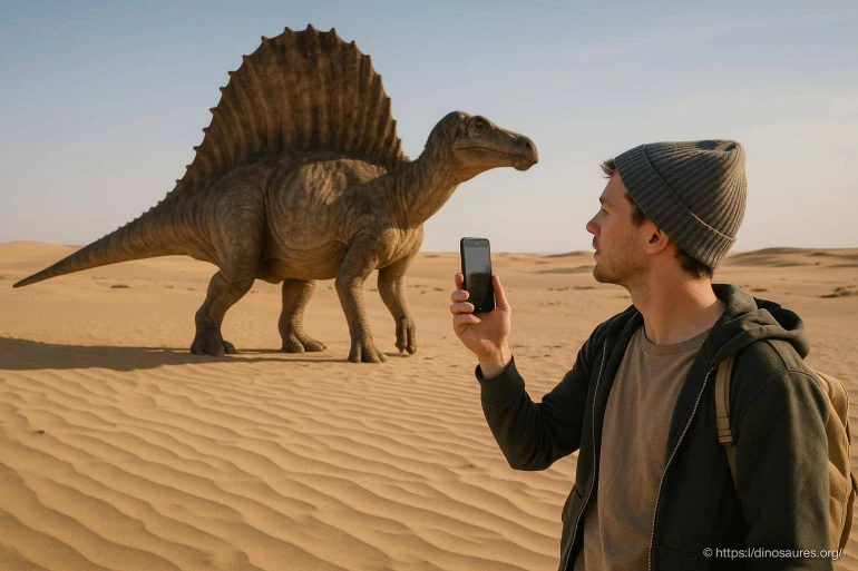 Homme prenant en photo un dinosaure désertique