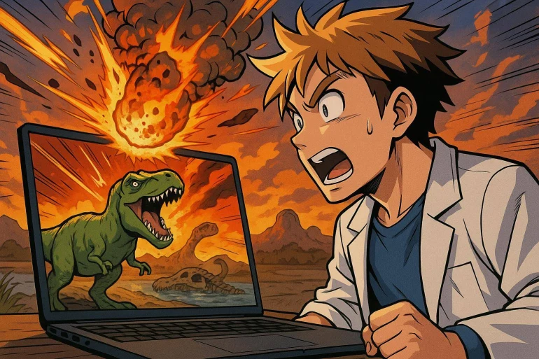 Jeune scientifique surpris devant dinosaure numérique