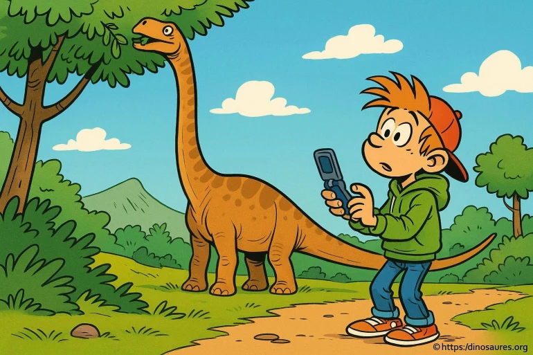 Garçon surpris devant un dinosaure mangeant une feuille