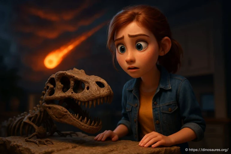 Jeune fille inquiète devant un crâne de dinosaure