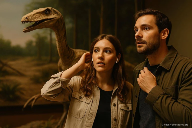 Couple surpris devant un dinosaure