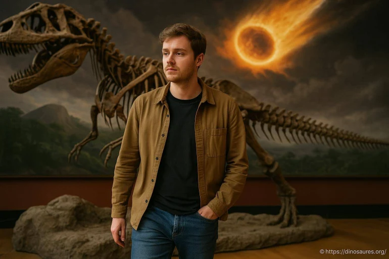 Homme devant squelette de dinosaure