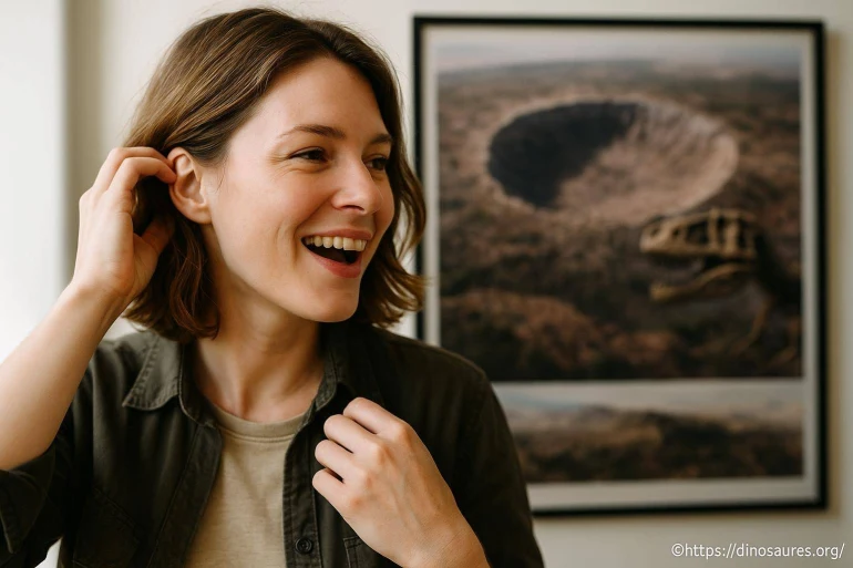 Femme souriante devant photo cratère et dinosaure
