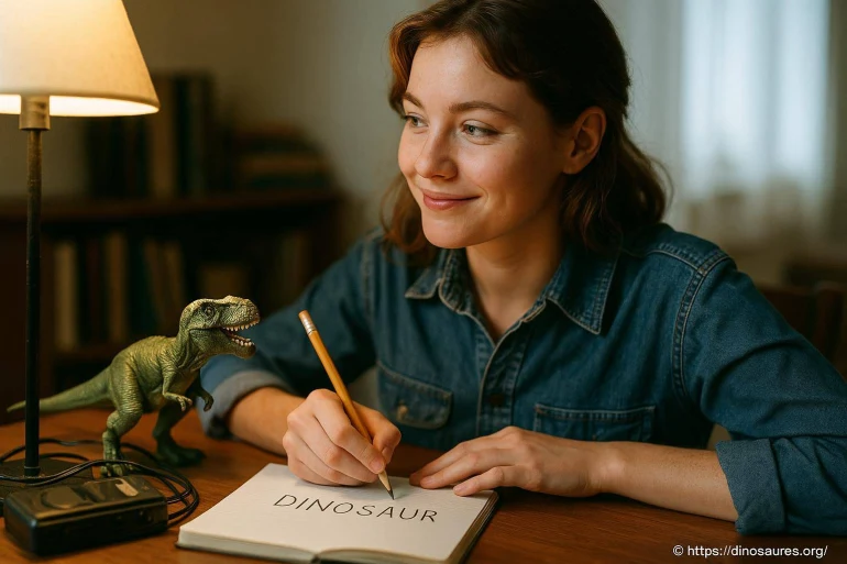 Femme écrivant dinosaur avec jouet dinosaure