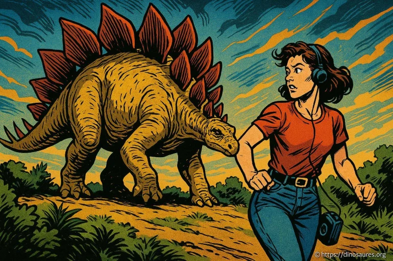 Femme courant devant un stégosaure