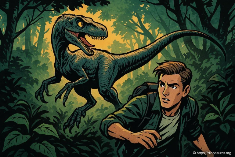 Homme poursuivi par un dinosaure velociraptor