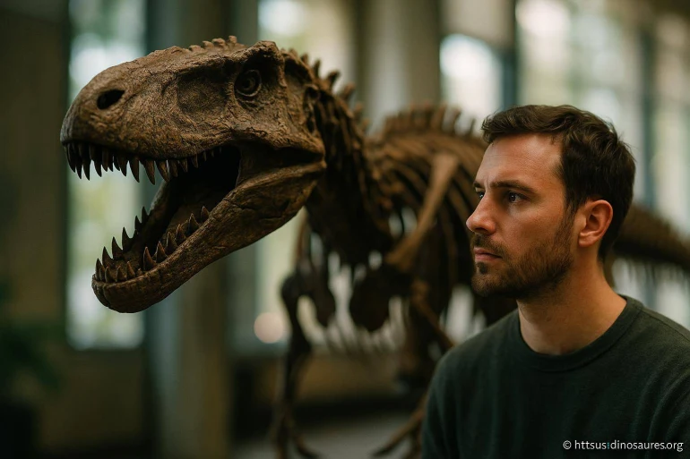 Homme observant un squelette de dinosaure