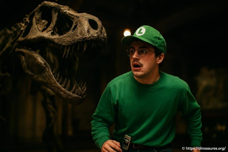 Homme surpris devant un squelette de dinosaure