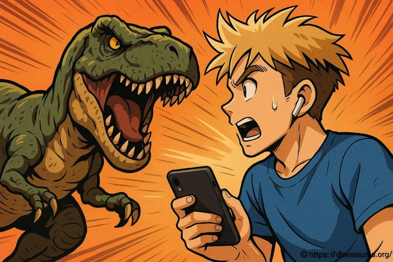 Jeune homme surpris par un dinosaure