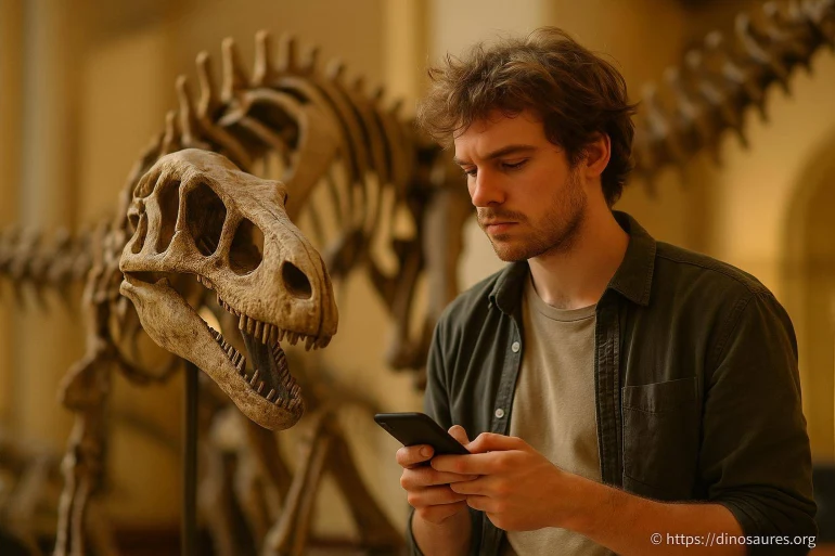 Homme utilisant smartphone près d'un squelette de dinosaure