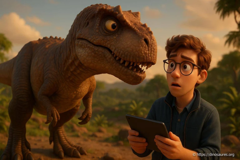 Jeune homme surpris face à un dinosaure