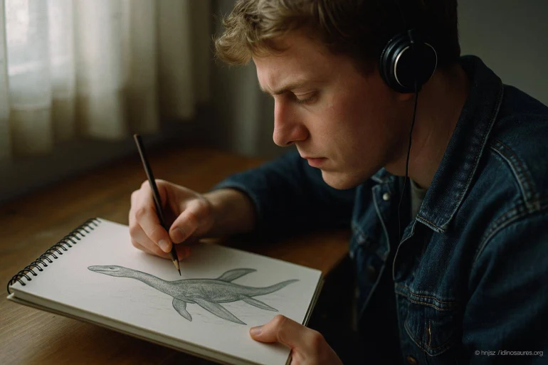 Jeune homme dessinant un plésiosaure