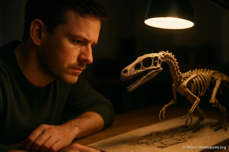 Homme étudiant un squelette de dinosaure