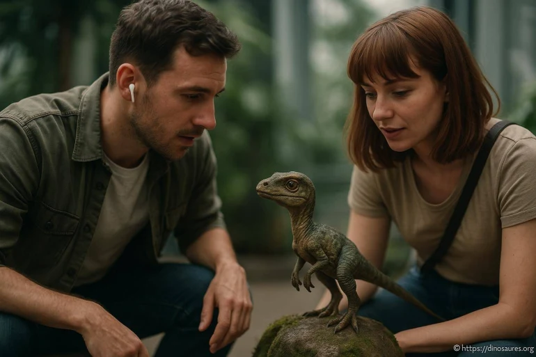 Homme femme regardent bébé dinosaure