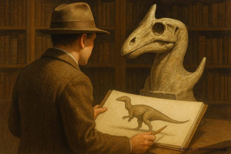 Homme dessinant un dinosaure en bibliothèque