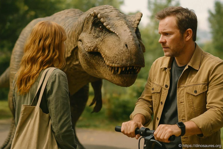Homme et femme face à un dinosaure réaliste