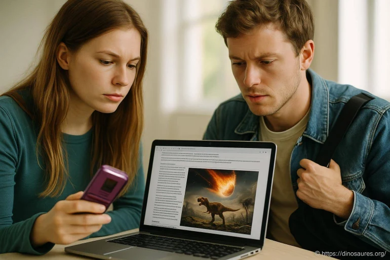 Jeune couple regarde article dinosaure impact