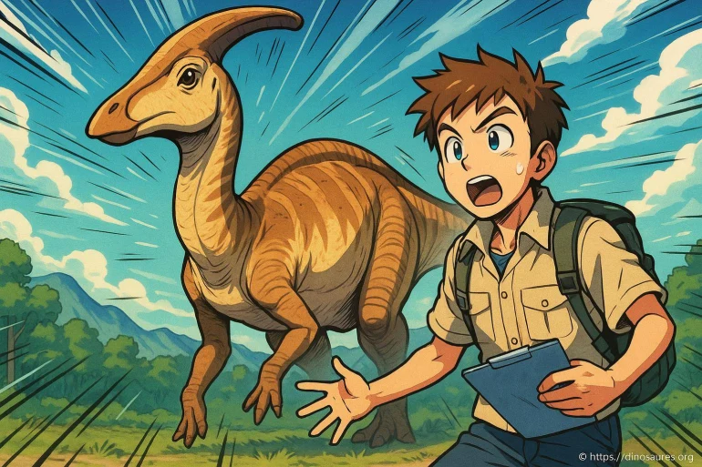 Jeune explorateur avec dinosaure Parasaurolophus