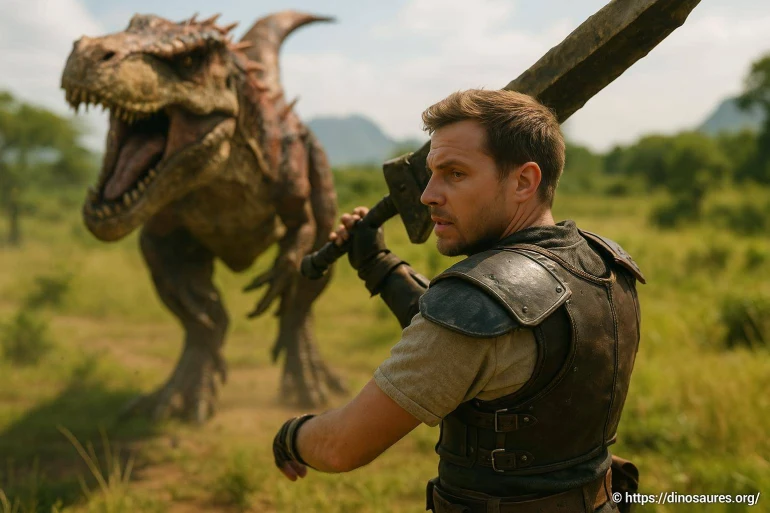 Guerrier avec épée face à un dinosaure