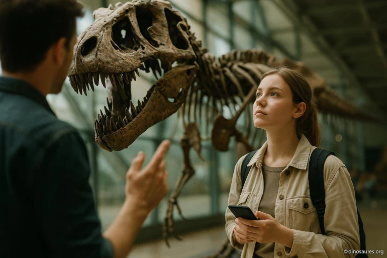 Visiteurs observant squelette de dinosaure