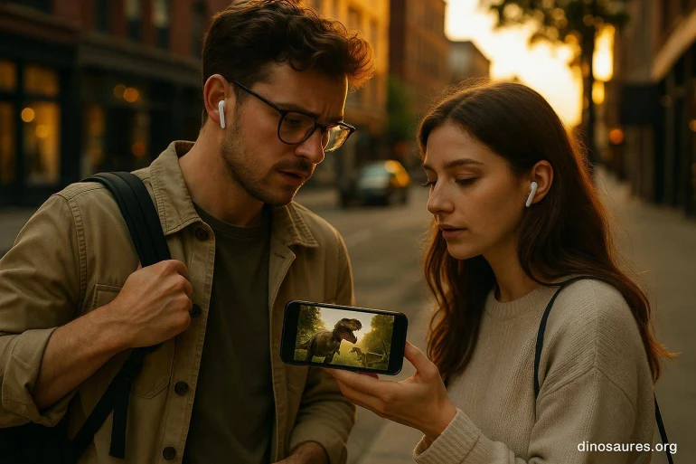 Jeune couple regarde dinosaure sur smartphone