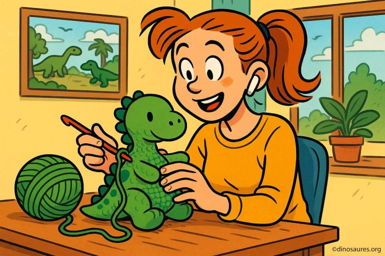 Femme crochetant un dinosaure en peluche