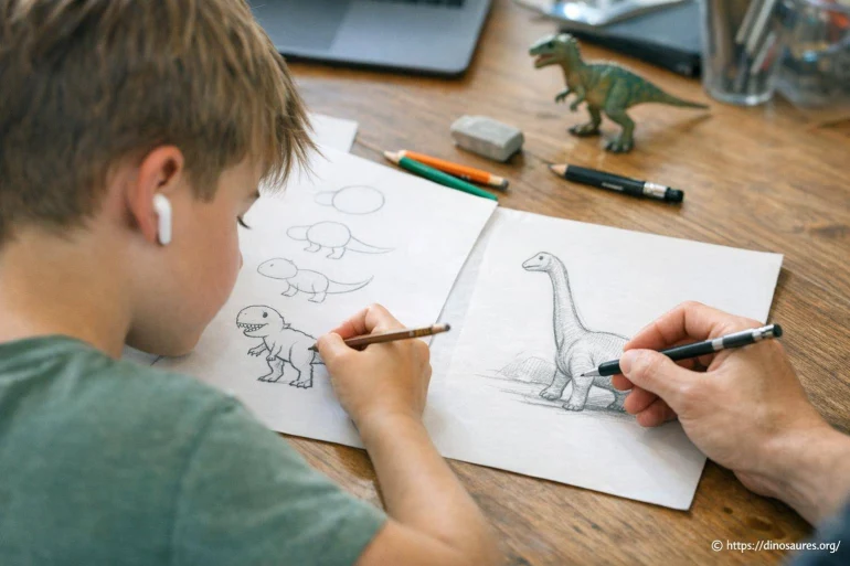 Enfant dessinant des dinosaures
