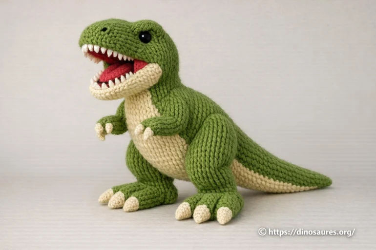 Dinosaure tricoté vert et beige