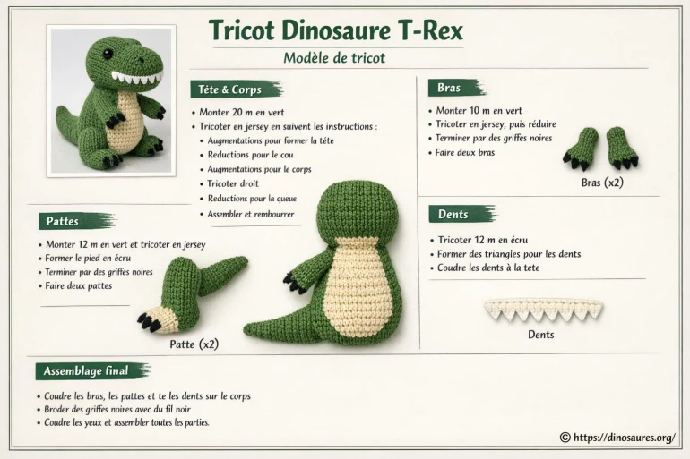 Modèle tricot dinosaure T-Rex vert