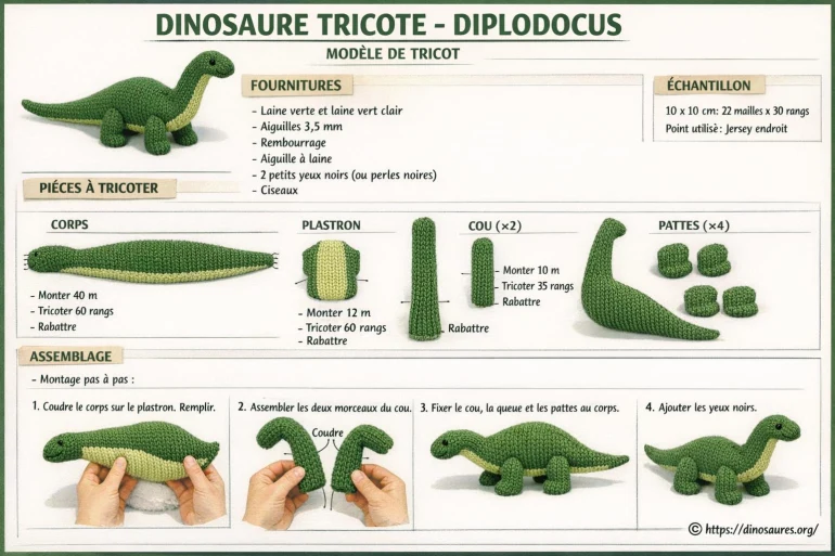 Dinosaure Diplodocus tricoté en laine verte
