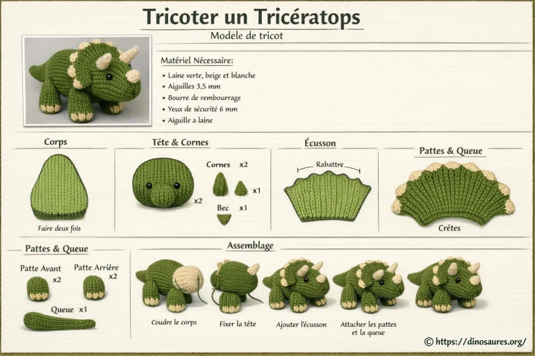 Modèle tricot dinosaure Tricératops vert