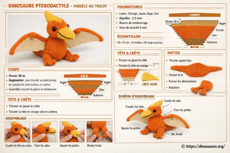 Dinosaure ptérodactyle tricoté orange beige jaune