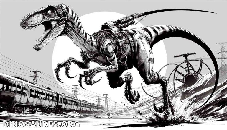Dinosaure futuriste en pleine action