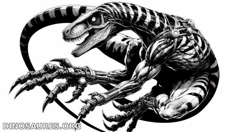 Dessin noir et blanc d'un dinosaure robotique féroce