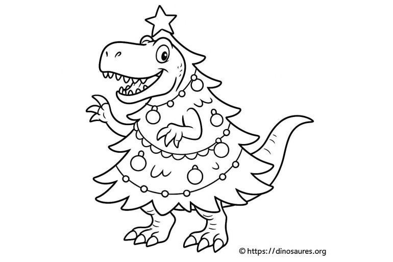 Dino déguisé en sapin de Noël à colorier : amusez-vous !