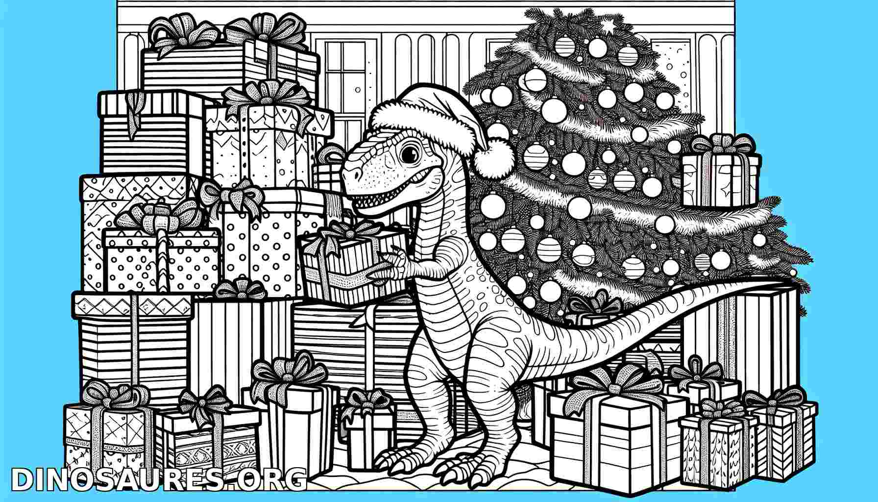 Coloriage de dinosaure avec des cadeaux de Noël