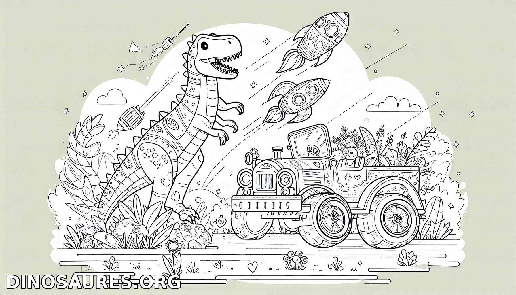 Coloriage de dinosaure avec une voiture amusante