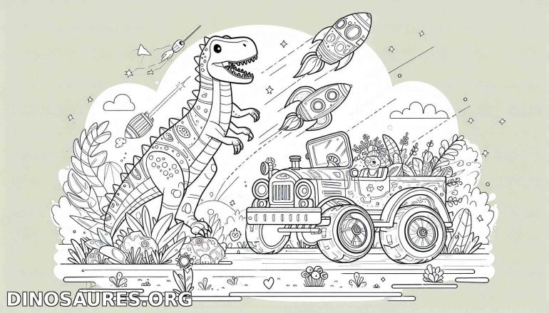 Coloriage de dinosaure avec une voiture amusante